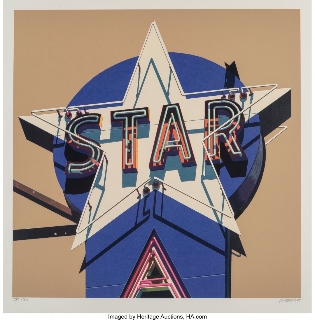 Robert Cottingham (b. 1935) Star, from Signs, 20: Robert Cottingham (b. 1935) Star, from Signs, 2009 Screenprint in colors on wove paper 38-1/4 x 37 inches (97.2 x 94 cm) (sheet) Ed. 55/100 Signed, numbered, dated, and titled in pencil along lower ed
