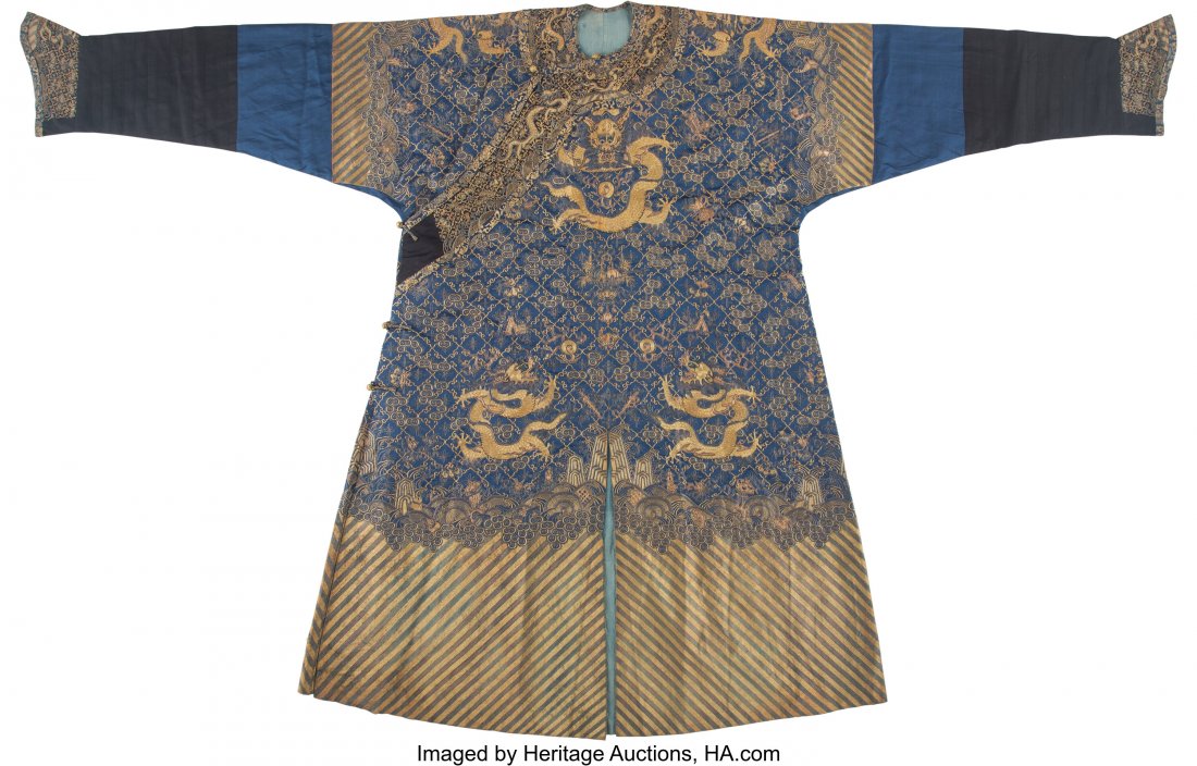 A Chinese Blue Ground Bullion-Embroidered Silk D (1 of 2)