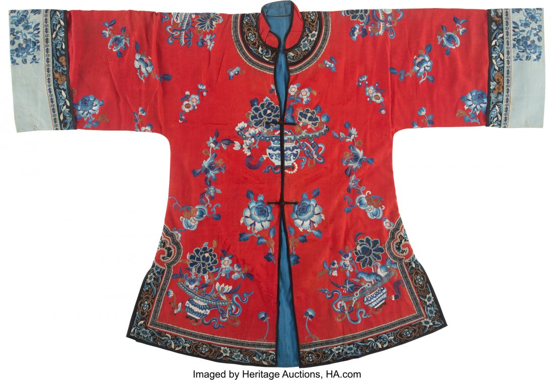 A Chinese Red Ground Embroidered Women's Silk Ja (1 of 2)