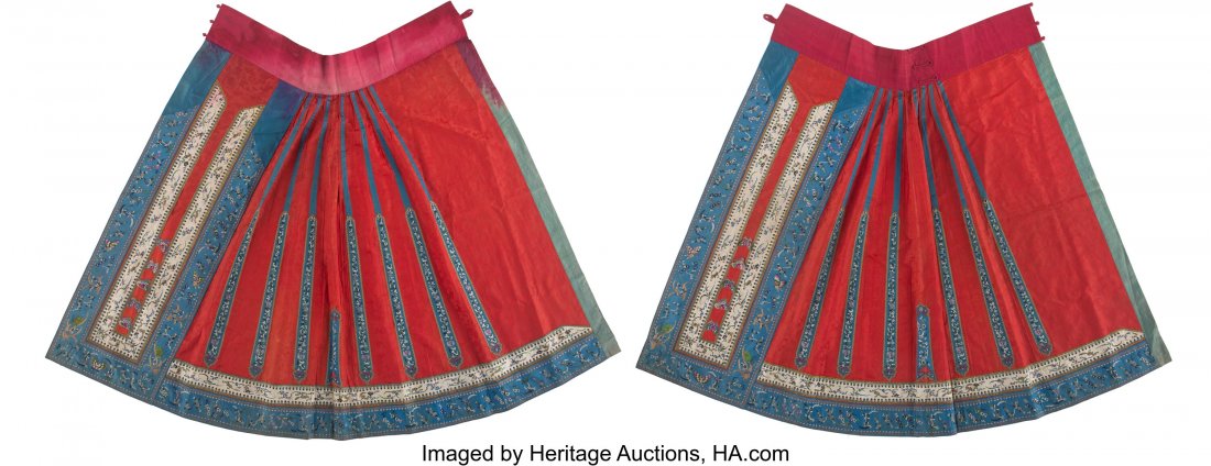 A Pair of Chinese Red Ground Embroidered Silk Sk (1 of 2)