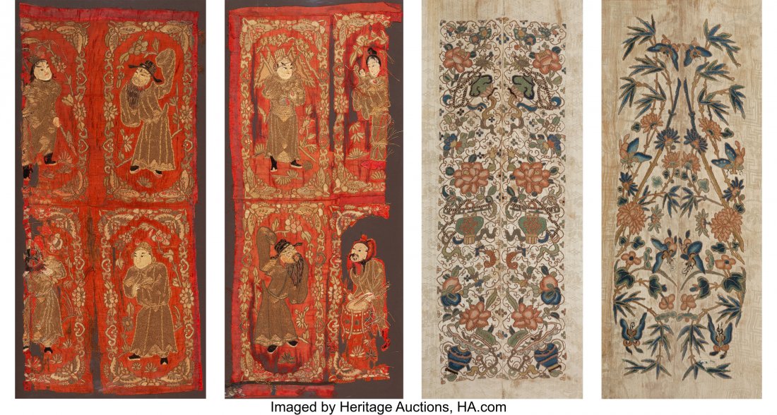 A Group of Four Chinese Silk Embroidered Panels (1 of 9)