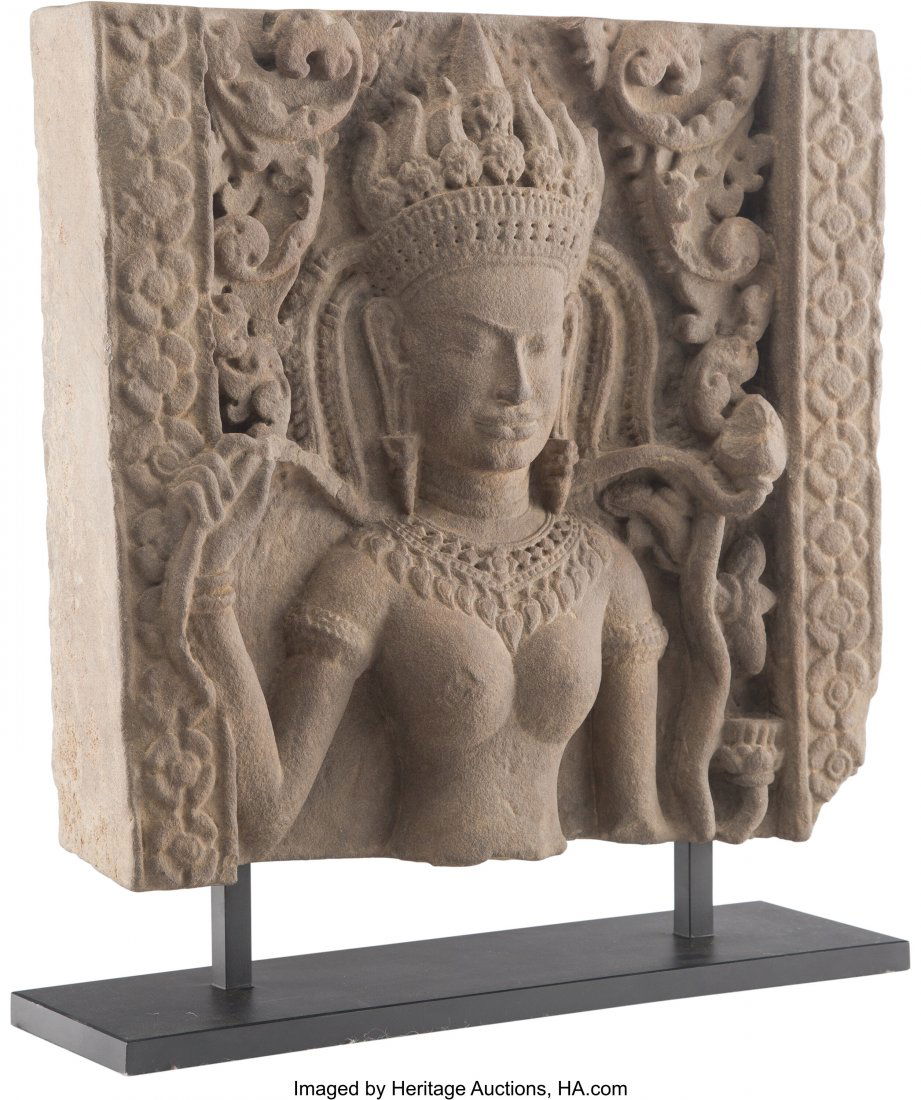 A Carved Sandstone Apsara 16-1/2 x 17-1/2 x 4 in (1 of 3)