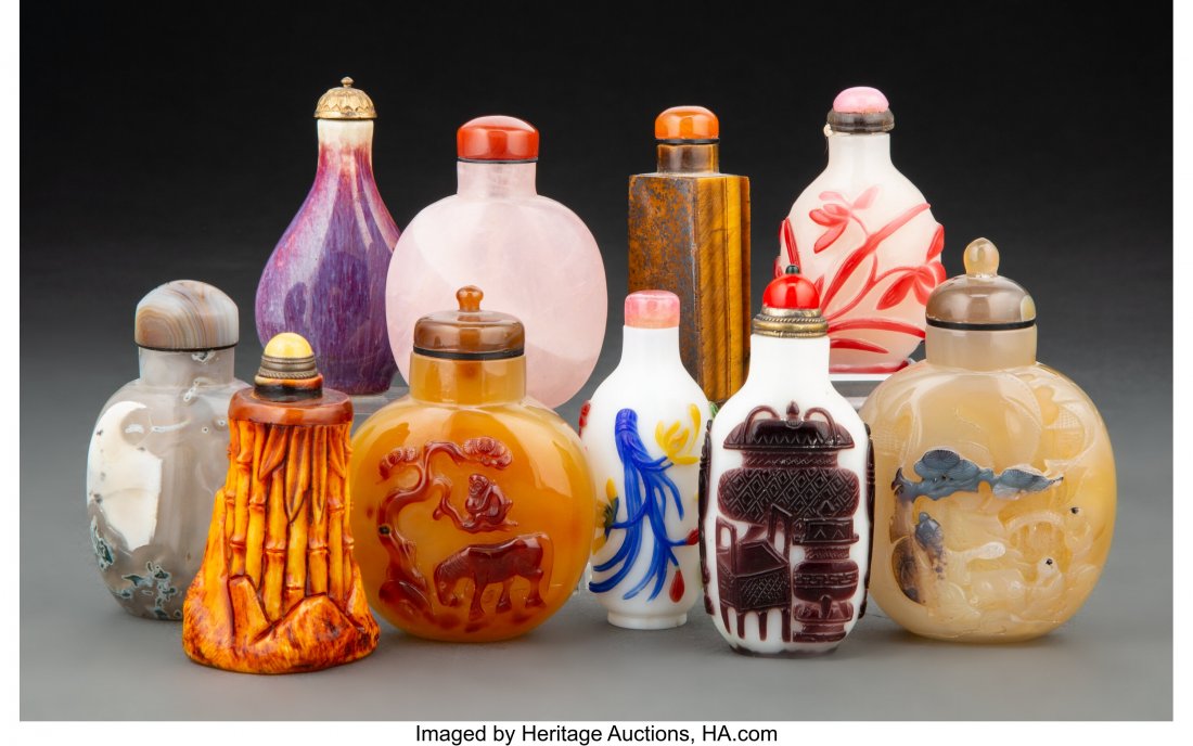 A Group of Ten Chinese Snuff Bottles Marks to on (1 of 3)