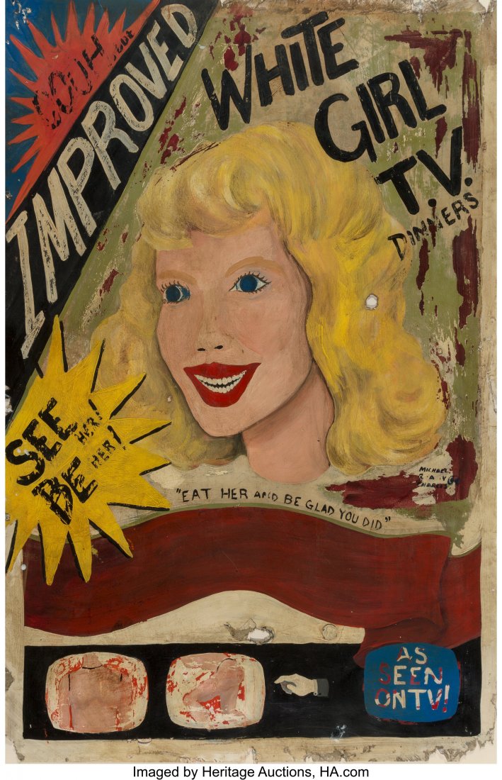 Michael Ray Charles (b. 1967) White Girl T.V. Di: Michael Ray Charles (b. 1967) White Girl T.V. Dinners (Forever Free), 1994 Acrylic latex and copper penny on paper 39-1/2 x 26 inches (100.3 x 66 cm) Signed on the center right edge: Michael / R.A.Y.