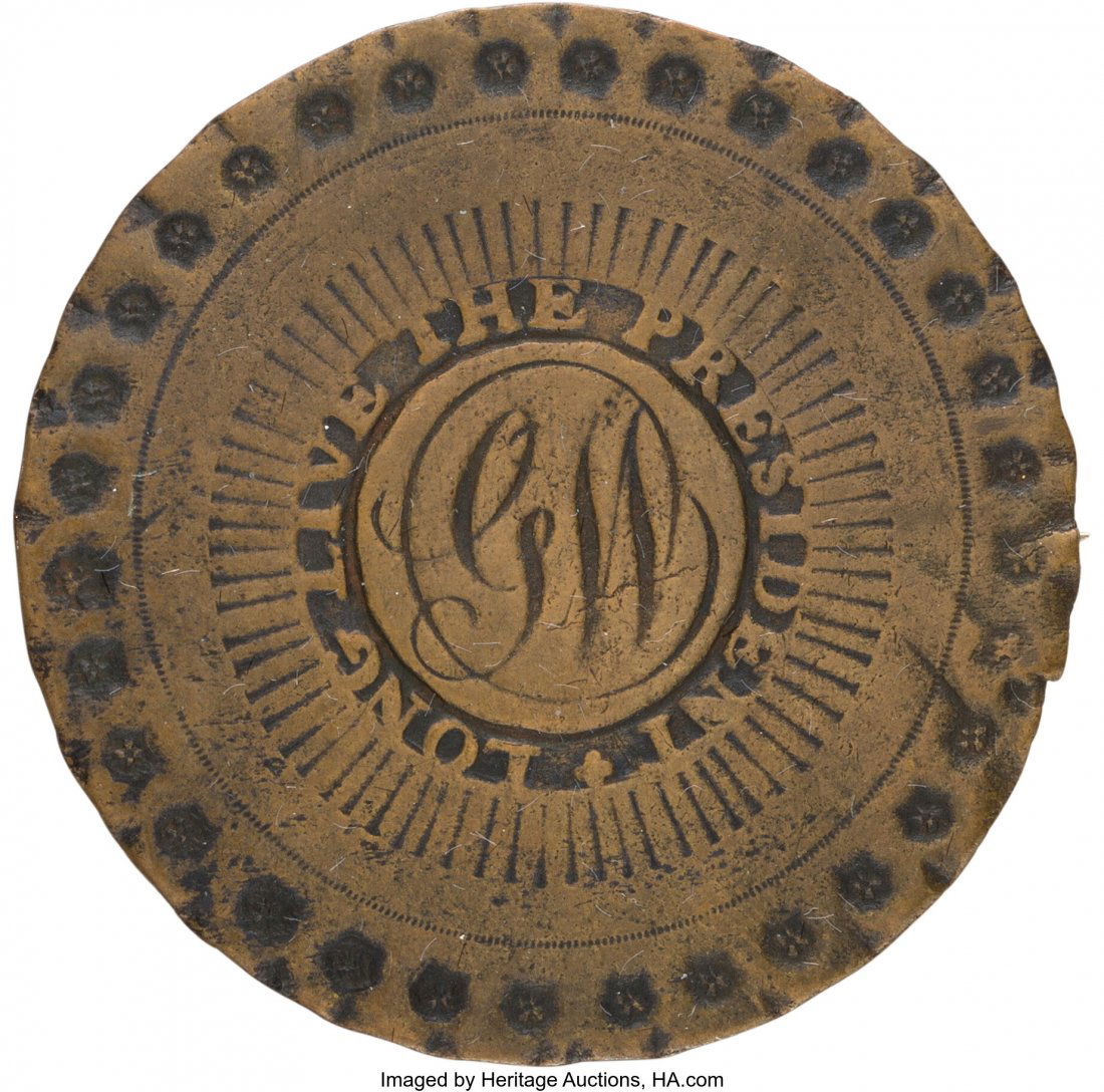 George Washington: "GW with Indentee Border" Ina: George Washington: "GW with Indentee Border" Inaugural Button. WI-7b, 34mm brass. Lacks original shank, now replaced with T-bar pin attachment, Light wear. A fine specimen. HID03101062020 © 2020