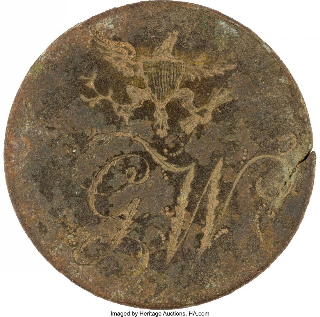 George Washington: Prohibitively Rare "GW with E: George Washington: Prohibitively Rare "GW with Eagle" Inaugural Button. Albert WI-21, 25mm gilt brass. It shows an eagle above the monogram "GW". We have never seen an example offered for sale, or hel