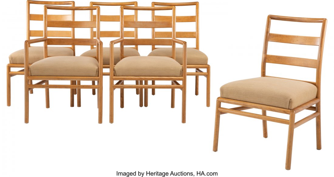 Terence Harold Robsjohn-Gibbings (British, 1905-: Terence Harold Robsjohn-Gibbings (British, 1905-1976) A Set of Six Dining Chairs, circa 1960s, Widdicomb Furniture Co. Walnut, upholstery 34 x 23-1/4 x 17 inches (86.4 x 59.1 x 43.2 cm)(each) HID03101