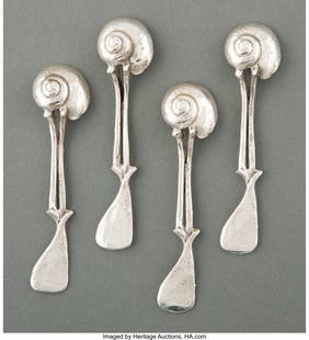 Claude Lalanne (French, 1924-2019) A Set of Four: Claude Lalanne (French, 1924-2019) A Set of Four Escargot Spoons, 1991 Silver 3-3/4 x 1 x 0-1/2 inches (9.5 x 2.5 x 1.3 cm) (each) Stamped C. LALANNE, ARTCURIAL HID03101062020 © 2020