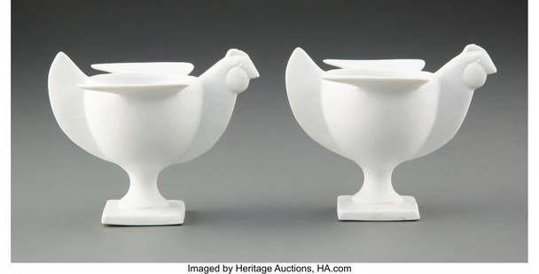 François-Xavier Lalanne (French, 1927-2008) A P: François-Xavier Lalanne (French, 1927-2008) A Pair of Poules Egg Cups, c. 1990 Porcelain 3-1/4 x 3-1/2 x 3-1/2 inches (8.3 x 8.9 x 8.9 cm)(each) Marks: LALANNE, FRANCE, (Porcelaine de Paris