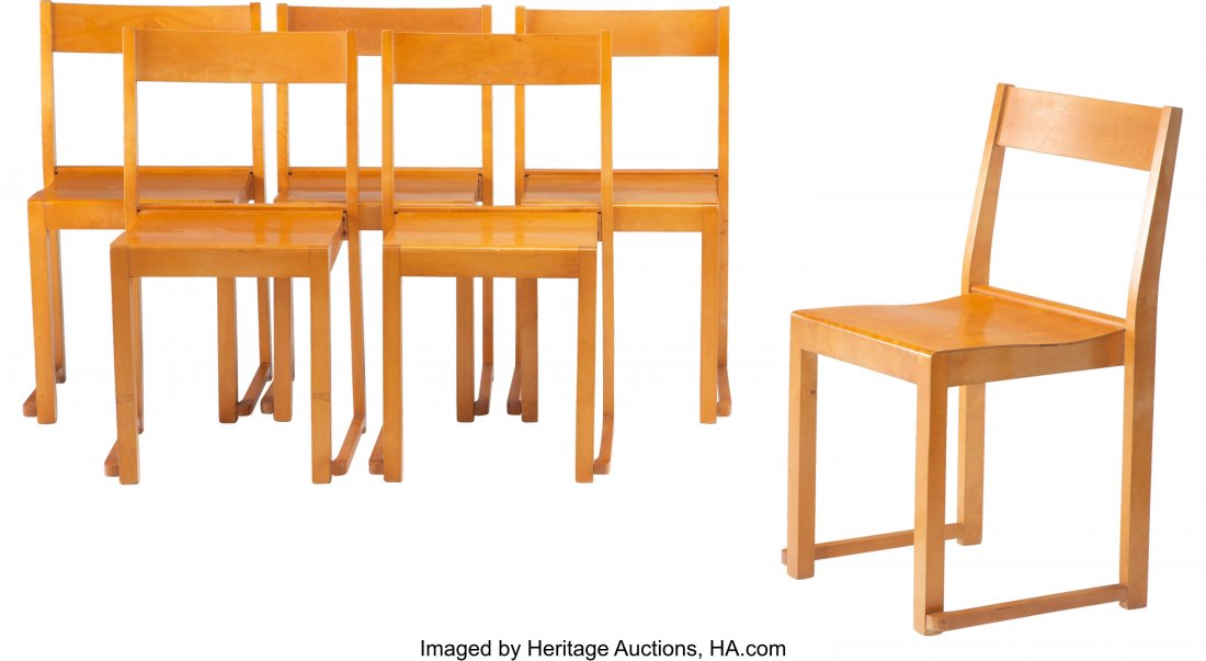 Sven Markelius (Swedish, 1889-1972) A Set of Six: Sven Markelius (Swedish, 1889-1972) A Set of Six Stacking Chairs, 1932, Bodafors Birch, Plywood 30-1/2 x 17-1/2 x 16 inches (77.5 x 44.5 x 40.6 cm)(each) Stamped MADE IN SWEDEN to base HID03101062020
