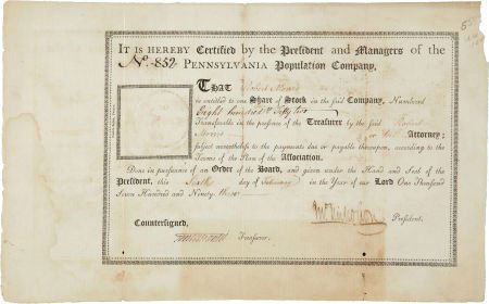 [Robert Morris] Pennsylvania Population Company: [Robert Morris] Pennsylvania Population Company Stock Certificate. One page, 13.25" x 8.2