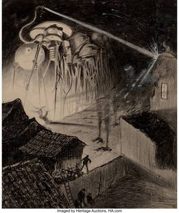 Henrique Alvim Corrêa (Brazilian, 1876-1910) Ma: Henrique Alvim Corrêa (Brazilian, 1876-1910) Martians Blast House, from The War of the Worlds, Belgium edition, 1906 Pencil and ink on paper laid on board 11-3/8 x 9-1/2 inches (28.9 x 24.1 cm)