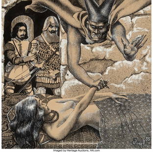 Virgil Finlay (American, 1914-1971) The Black Ab: Virgil Finlay (American, 1914-1971) The Black Abbot of Puthuum, Weird Tales magazine interior illustration, March 1936 Ink on board 8 x 8 inches (20.3 x 20.3 cm) Signed and dated lower right From