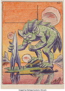 Hannes Bok (American, 1914-1964) Creature and Sp: Hannes Bok (American, 1914-1964) Creature and Spaceship, pulp cover study, circa 1950 Ink, crayon, and pencil on paper 7-5/8 x 5-1/2 inches (19.4 x 14.0 cm) (image) Signed upper right From the Gary