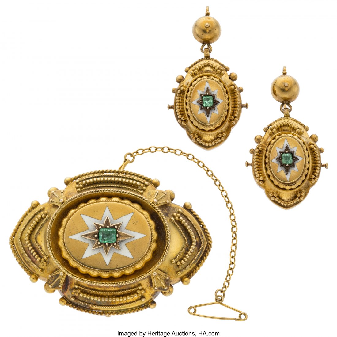 Victorian Beryl, Hair, Enamel, Gold Jewelry Suit: Victorian Beryl, Hair, Enamel, Gold Jewelry Suite Stones: Foil backed emerald-cut beryl Metal: 14k gold; enamel Theme: Etruscan Revival, locket Gross Weight: 18.90 grams Locket-Brooch Dimensions: 1-7/