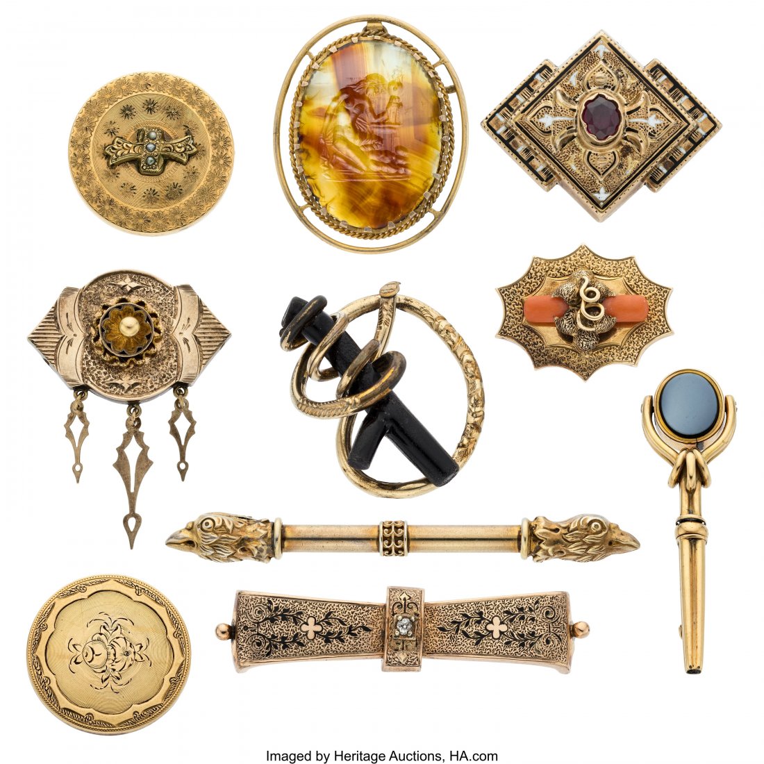 Victorian Diamond, Multi-Stone, Seed Pearl, Enam: Victorian Diamond, Multi-Stone, Seed Pearl, Enamel, Gold, Gold-Plated Brooches Stones: Mine-cut diamond; oval-shaped garnet; banded onyx and bloodstone tablets; agate intaglio; orange and black branch