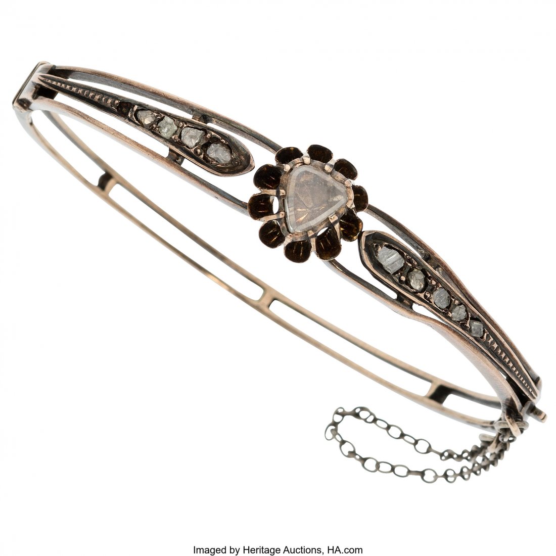 Victorian Diamond, Rose Gold Bracelet Stones: P: Victorian Diamond, Rose Gold Bracelet Stones: Polki-cut diamond; rose-cut diamonds Metal: 10k rose gold Gross Weight: 11.20 grams Dimensions: 6-3/4 inches x 7/16 inch HID03101062020 © 2020 Herita