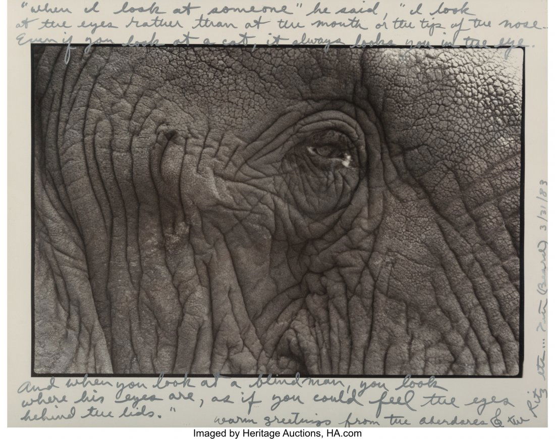 Peter Beard (American, 1938-2020) Untitled (Elep: Peter Beard (American, 1938-2020) Untitled (Elephant Eye), 1983 Gelatin silver print 8-1/2 x 12-1/2 inches (21.6 x 31.8 cm) (image) 11 x 14 inches (sheet) Signed, dated, and inscribed in silver ink in