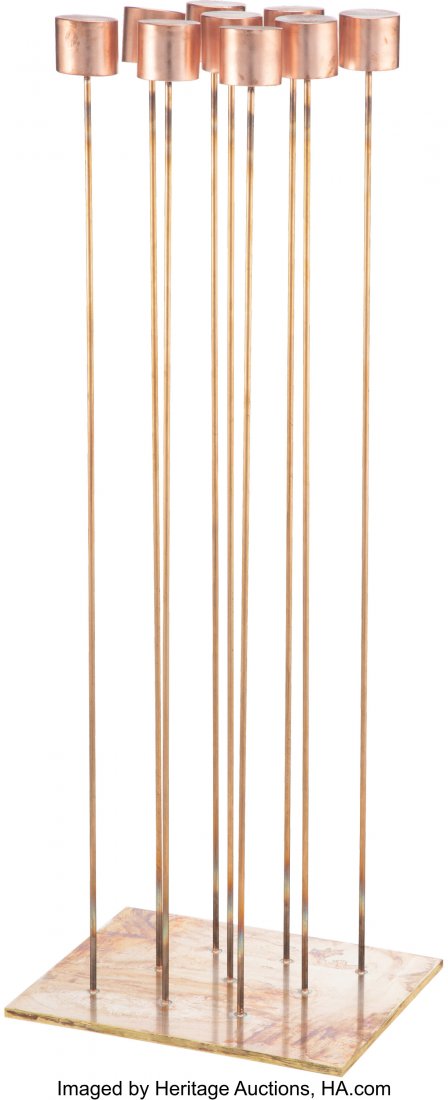 Val Bertoia (American, b. 1949) B-2490 (Sound is: Val Bertoia (American, b. 1949) B-2490 (Sound is Fine from Group of 9), 2021 9 heavy copper tops silvered to beryllium copper rods silvered to brass plate 38 x 14 x 11 inches (96.5 x 35.6 x 27.9 cm) n