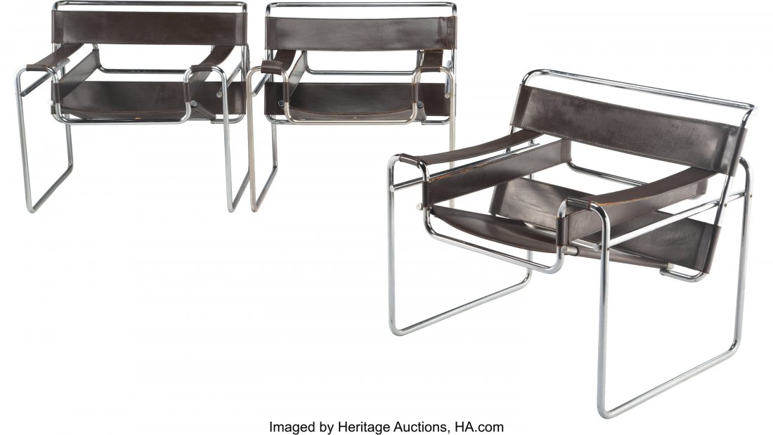 Marcel Breuer (Hungarian/American , 1902-1981) T: Marcel Breuer (Hungarian/American , 1902-1981) Three Wassily Chairs, mid 20th century, Stendig co. Leather and chrome 28-1/2 x 30-1/2 x 25-1/2 inches (72.4 x 77.5 x 64.8 cm)(each) Stendig label to und