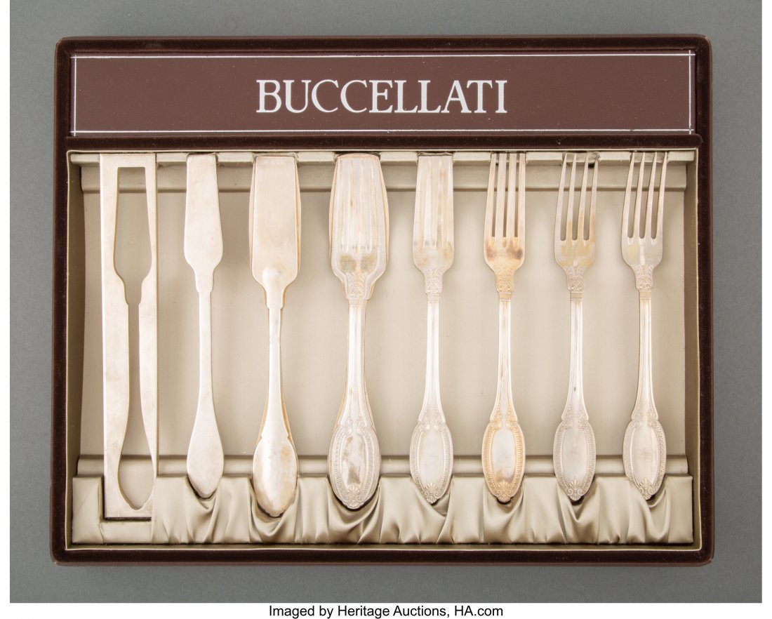 A Set of Buccellati Empire Pattern Fork Producti: A Set of Buccellati Empire Pattern Fork Production Samples with Original Box, 20th century Marks: BUCCELLATTI STERLING ITALY 16 x 12-1/2 x 2 inches (40.6 x 31.8 x 5.1 cm)(case) 35.2 troy ounces (weigh