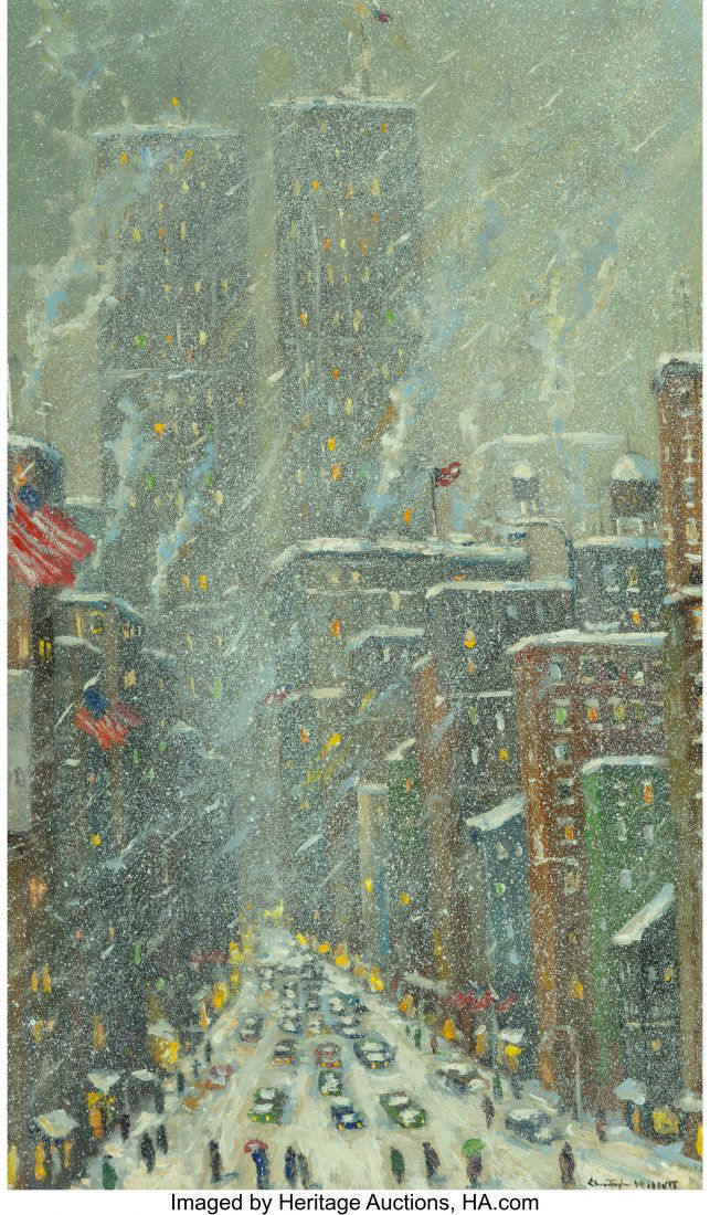 Christopher Willett (American, b. 1959) First Sn: Christopher Willett (American, b. 1959) First Snow, New York City Oil on Masonite 22-1/4 x 13-1/4 inches (56.5 x 33.7 cm) Signed lower right: Christopher Willett Signed and titled on the reverse: Firs