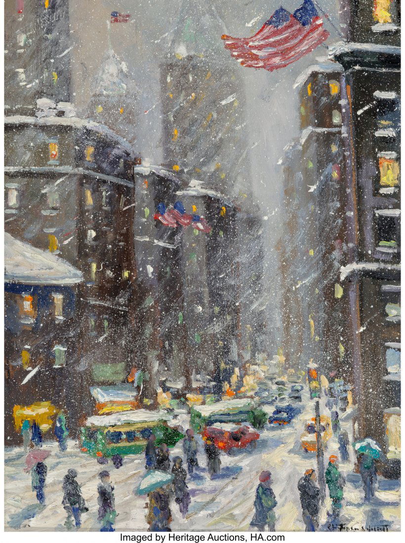 Christopher Willett (American, b. 1959) January: Christopher Willett (American, b. 1959) January Downtown Oil on Masonite 16 x 12 inches (40.6 x 30.5 cm) Signed lower right: Christopher Willett Signed, dated, and inscribed on the reverse: January /