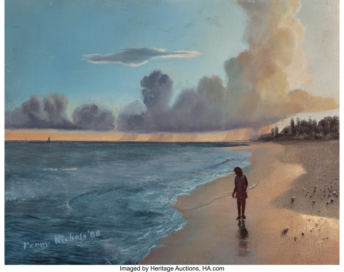 Perry Nichols (American, 1911-1992) Seascape wit: Perry Nichols (American, 1911-1992) Seascape with Figure, 1988 Oil on canvas 16 x 20 inches (40.6 x 50.8 cm) Signed and dated lower left: Perry Nichols '88 PROVENANCE: Private collection, Dallas. HID0