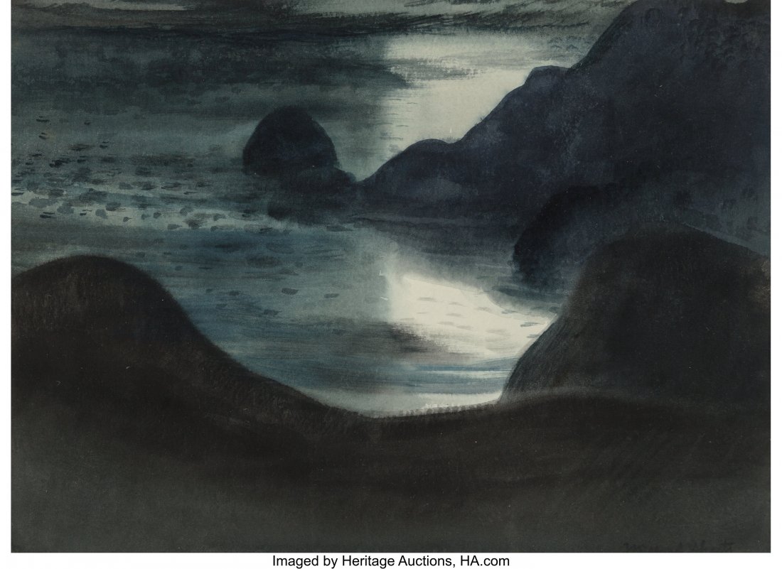 Millard Sheets (American, 1907-1989) Moonlight M: Millard Sheets (American, 1907-1989) Moonlight Mood Watercolor on paper 10-1/2 x 14-1/4 inches (26.7 x 36.2 cm) (sight) Signed lower right: Millard Sheets PROVENANCE: Stary-Sheets Gallery, Gualala, Ca