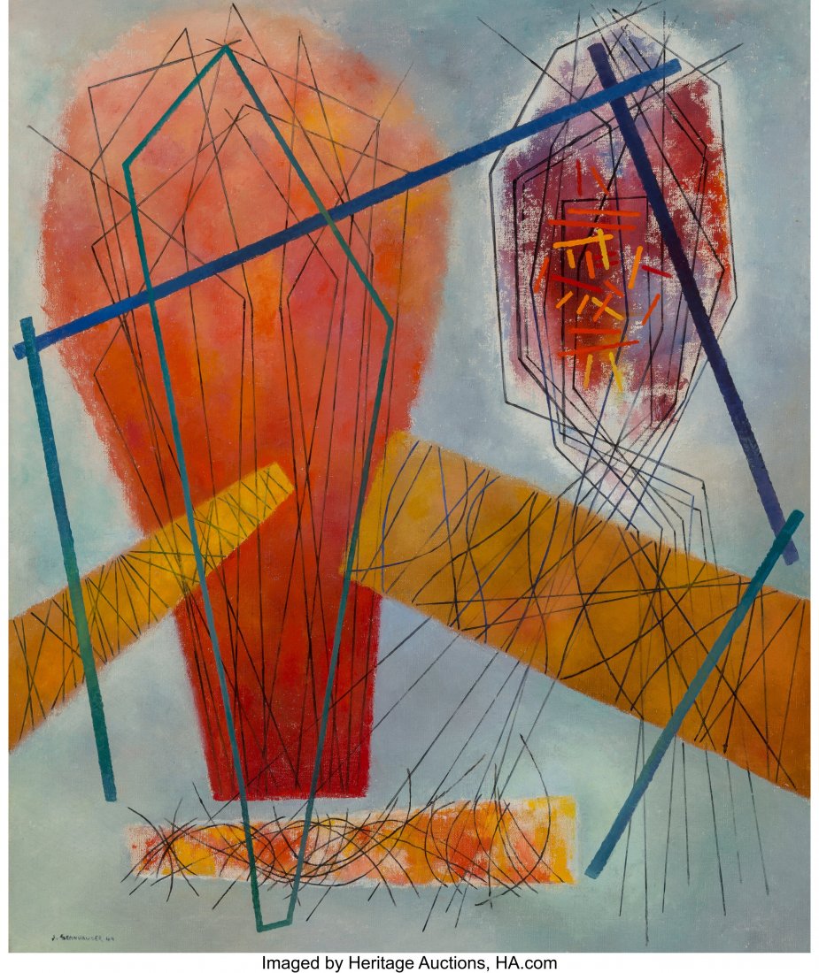 John Sennhauser (Swiss, 1907-1978) Lines in Moti: John Sennhauser (Swiss, 1907-1978) Lines in Motion No. 24, 1944 Oil on canvas 36 x 30 inches (91.4 x 76.2 cm) Signed and dated lower left: JOHN SENNHAUSER 44 Signed, titled, and dated on the reverse: