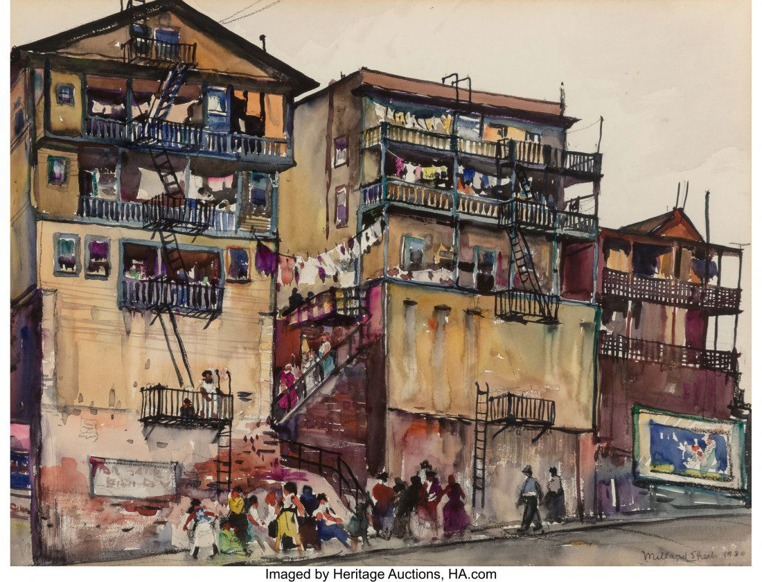 Millard Sheets (American, 1907-1989) Sunset Tene: Millard Sheets (American, 1907-1989) Sunset Tenements, 1930 Watercolor on paper 15-1/4 x 19-3/4 inches (38.7 x 50.2 cm) (sight) Signed and dated lower right: Millard Sheets 1930 PROVENANCE: Stary-Shee