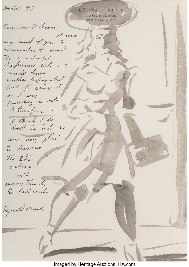 Reginald Marsh (American, 1898-1954) Illustrated: Reginald Marsh (American, 1898-1954) Illustrated Letter, 1947 Ink and watercolor on paper 10-1/2 x 7-1/2 inches (26.7 x 19.1 cm) (sight) Signed lower left: Reginald Marsh PROVENANCE: Adamson-Duvannes