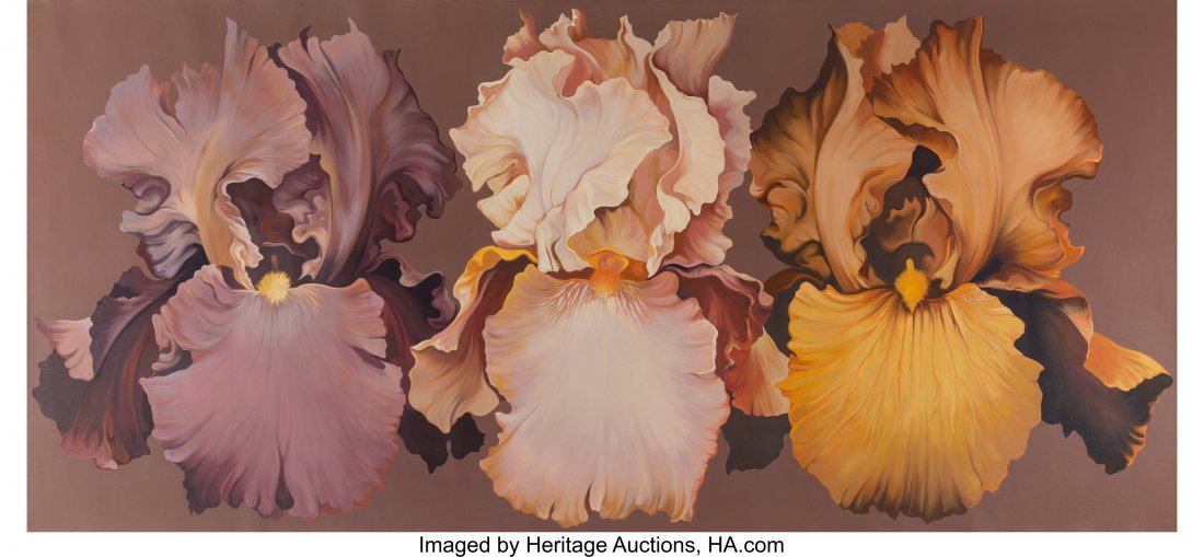 Lowell Nesbitt (American, 1933-1993) Three Iris,: Lowell Nesbitt (American, 1933-1993) Three Iris, 1973 Oil on canvas 62 x 131 inches (157.5 x 332.7 cm) Signed, titled, and dated on the reverse: Three Iris - '73 / L. Nesbitt PROVENANCE: The artist; G