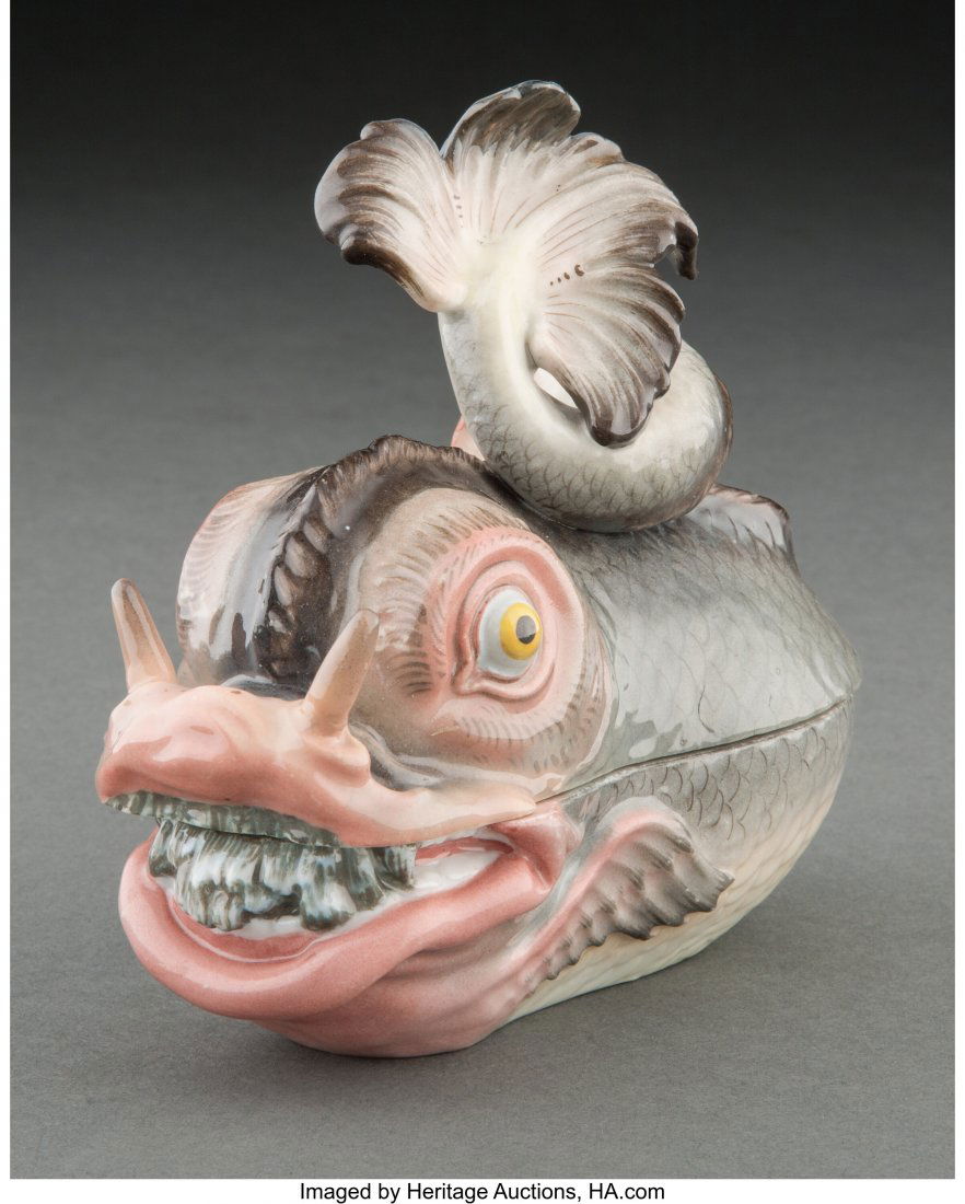 A Meissen Polychromed Porcelain Dolphin Sauce Tu: A Meissen Polychromed Porcelain Dolphin Sauce Tureen Marks: (crossed swords) in blue underglaze 5 x 6 x 2-3/4 inches (12.7 x 15.2 x 7.0 cm) The present sauce tureen is in the manner of the modelled fi