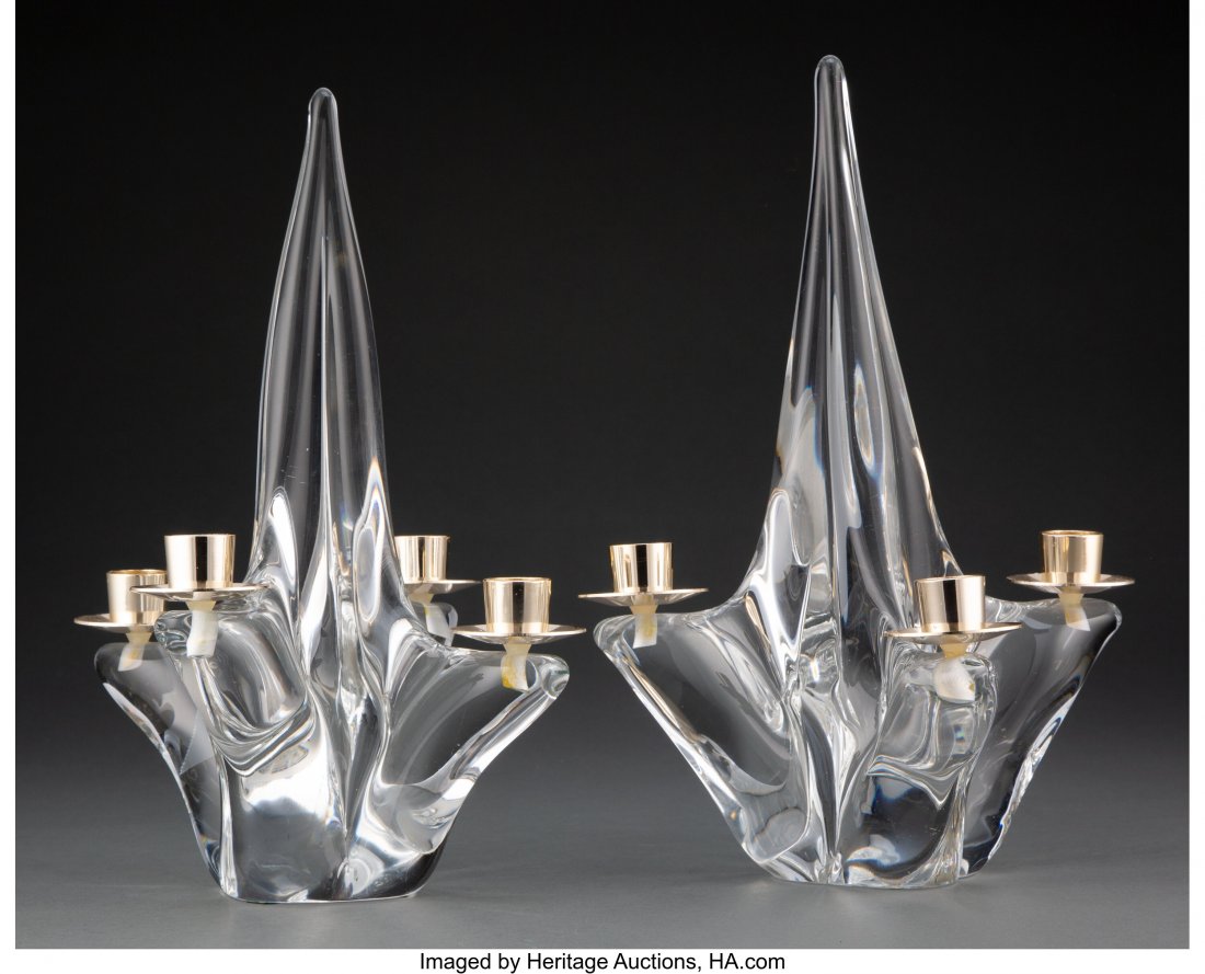 A Pair of Continental Clear Glass and Metal Cand: A Pair of Continental Clear Glass and Metal Candelabra, mid-20th century 12-1/4 x 9 x 9 inches (31.1 x 22.9 x 22.9 cm) (tallest) HID03101062020 © 2020 Heritage Auctions | All Rights Reserved