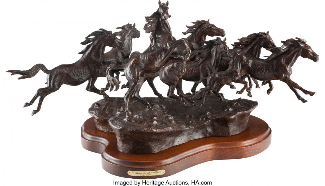 Ken Payne (American, 1938-2012) Escaping the Mus: Ken Payne (American, 1938-2012) Escaping the Mustangers, 1984 Bronze with brown patina 14 inches (35.6 cm) high on a 1-1/4 inch (3.2 cm) wooden base Ed. 24/30 Inscribed along the base: Escaping the Mu