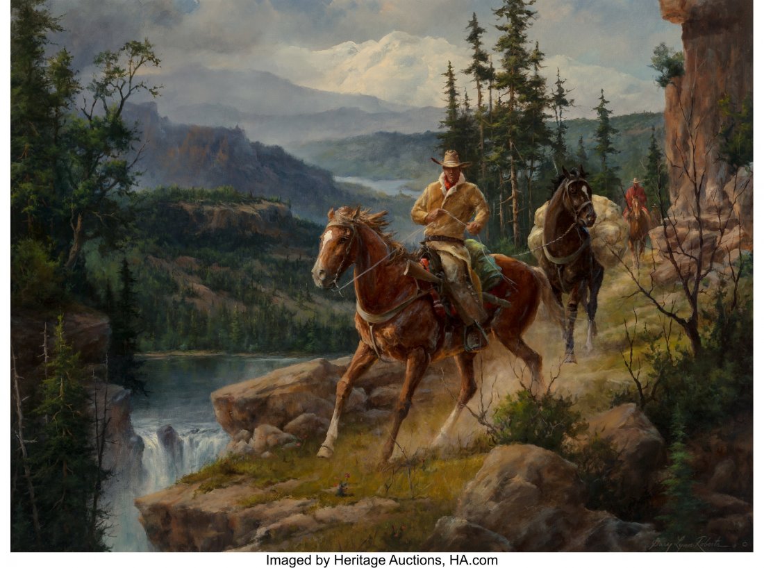 Gary Lynn Roberts (American, b. 1953) Rider Comi: Gary Lynn Roberts (American, b. 1953) Rider Coming Down the Mountain Oil on canvas 30 x 40 inches (76.2 x 101.6 cm) Signed lower right: Gary Lynn Roberts PROVENANCE: Private estate, Austin, Texas. HID
