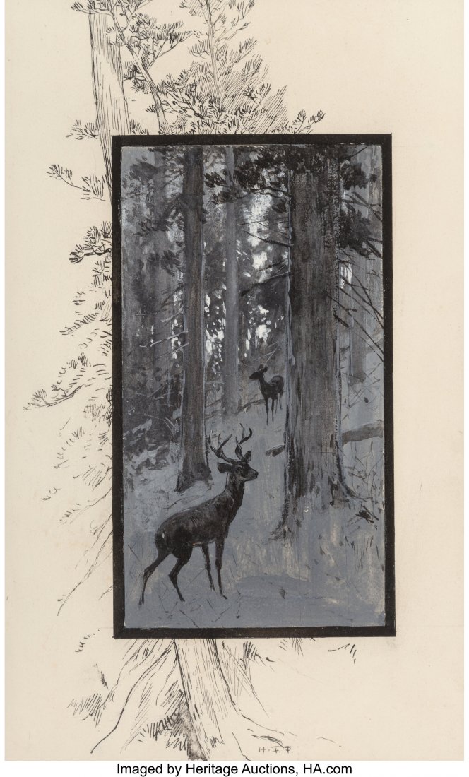 Henry François Farny (American, 1847-1916) Deer: Henry François Farny (American, 1847-1916) Deer in Woods Gouache, pen, and ink on paper 11-1/2 x 7 inches (29.2 x 17.8 cm) (sight) Initialed lower center: H.F.F. PROVENANCE: Fenn Galleries, San