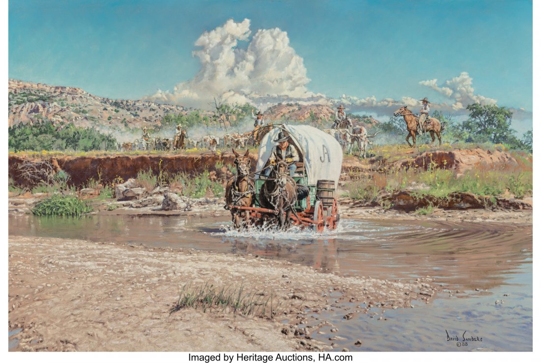 David Sanders (American, b. 1936) Colonel Goodni: David Sanders (American, b. 1936) Colonel Goodnight Herd Crossing the Prairie Dog Fork of the Red River., 1988 Pastel on board 23-5/8 x 35-5/8 inches (60.0 x 90.5 cm) (sight) Signed and dated lower ri