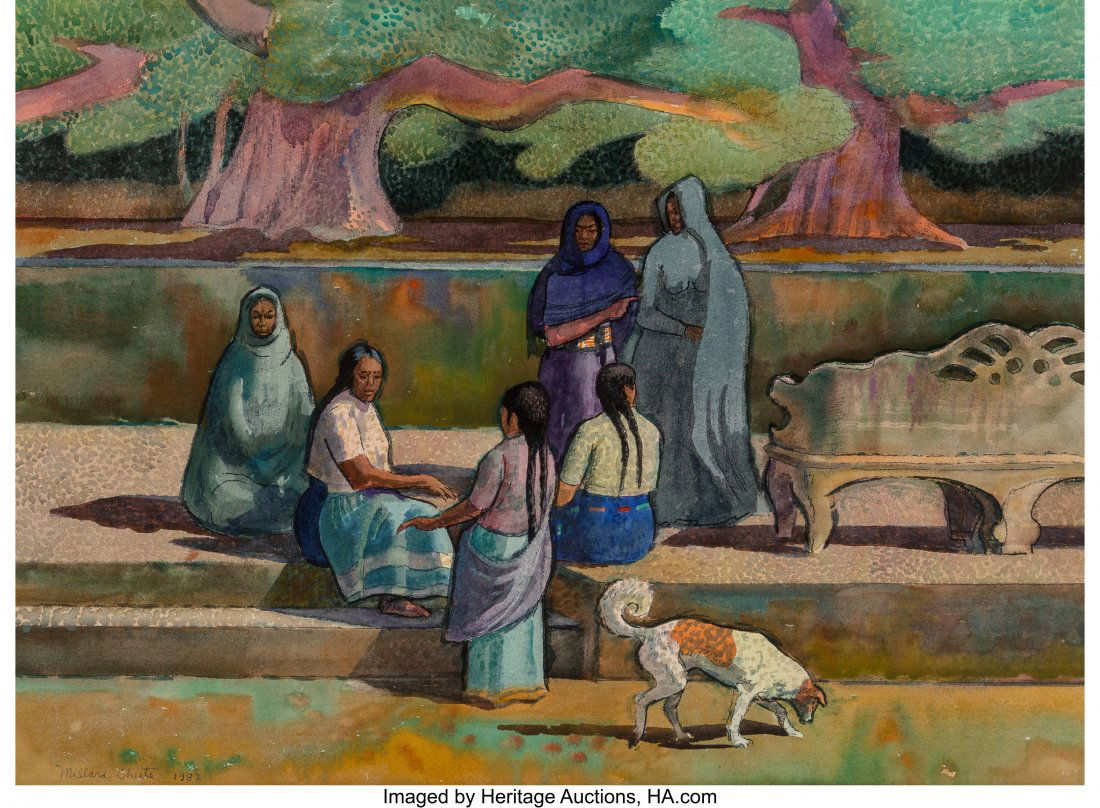 Millard Sheets (American, 1907-1989) Mexican Wom: Millard Sheets (American, 1907-1989) Mexican Women of Michoacán, 1982 Watercolor on paper 22 x 30 inches (55.9 x 76.2 cm) (sheet) Signed and dated lower left: Millard Sheets 1982 PROVENANCE: [w