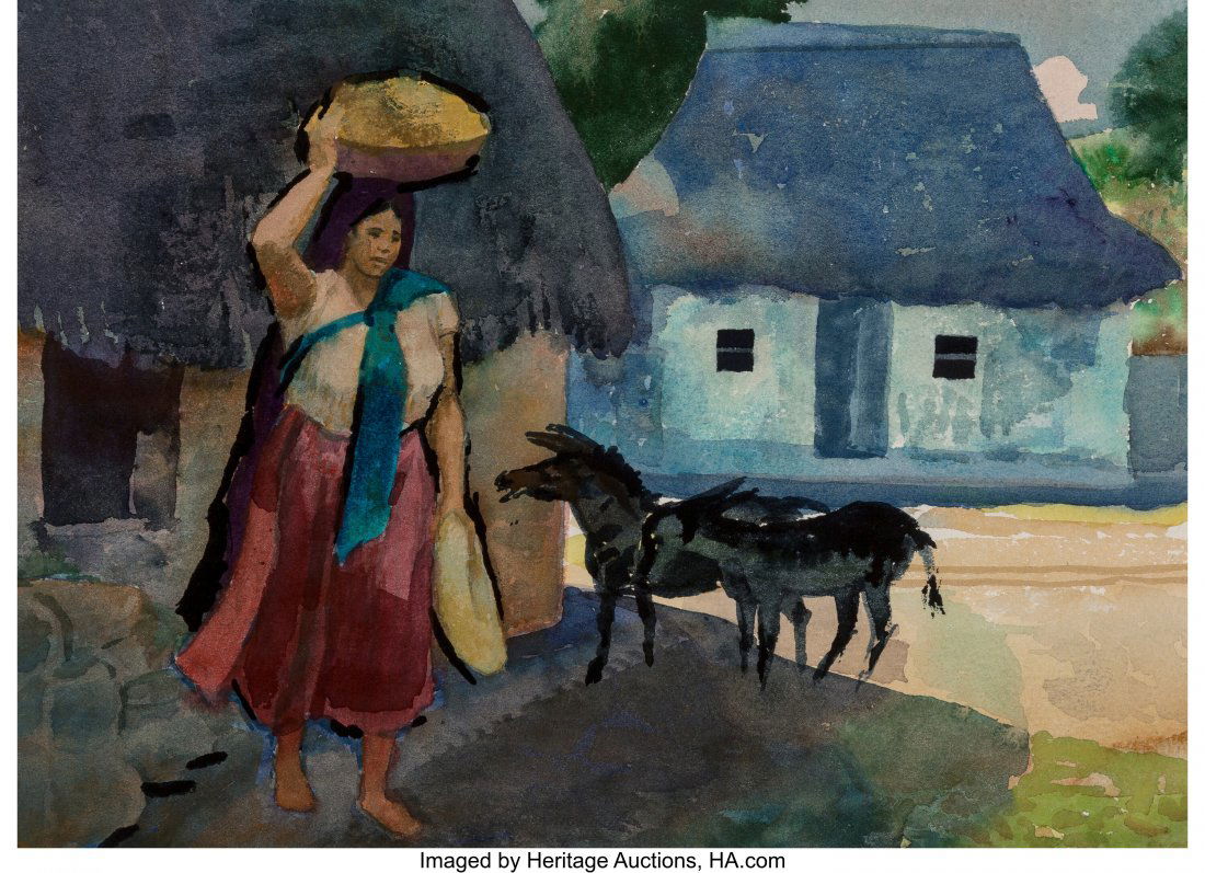 Millard Sheets (American, 1907-1989) Mexican Wom: Millard Sheets (American, 1907-1989) Mexican Woman with Burro Watercolor on paper 10-3/8 x 14-3/8 inches (26.4 x 36.5 cm) (sight) PROVENANCE: [with] Stary-Sheets Gallery, Gualala, California. Private