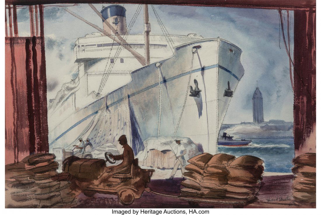 Millard Sheets (American, 1907-1989) Ships at Do: Millard Sheets (American, 1907-1989) Ships at Dock, San Francisco Bay Watercolor on paper 14-1/4 x 21-3/8 inches (36.2 x 54.3 cm) (sight) Signed lower right: Millard Sheets PROVENANCE: [with] Stary-Sh