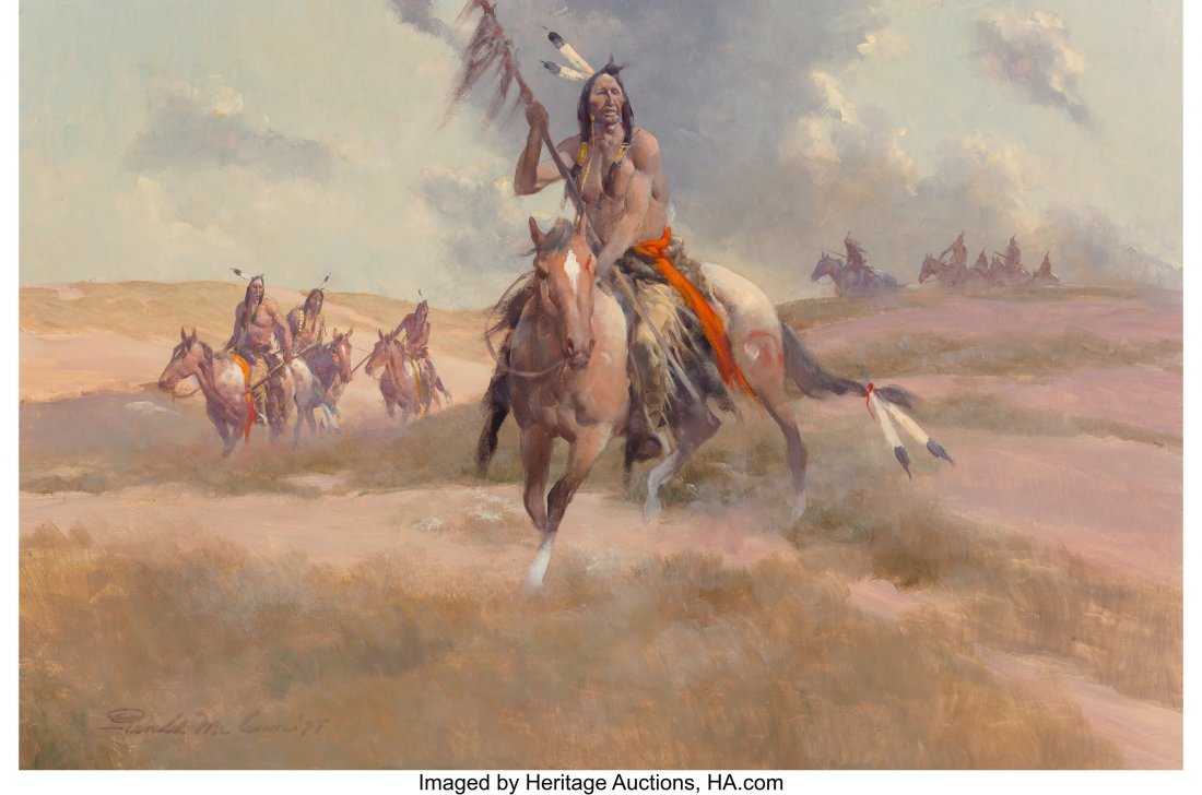 Gerald McCann (American, 1916-1995) Challenge, 1: Gerald McCann (American, 1916-1995) Challenge, 1977 Oil on Masonite 20 x 30 inches (50.8 x 76.2 cm) Signed and dated lower left: Gerald McCann '77 Titled on the reverse: Challange [sic] PROVENANCE: Pr