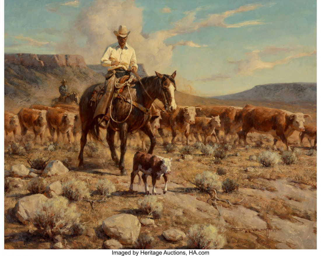 Gary Lawrence Niblett (American, b. 1943) The Li: Gary Lawrence Niblett (American, b. 1943) The Little Dogie Oil on Masonite 24 x 30 inches (61.0 x 76.2 cm) Signed lower right: G. Niblett Titled on the reverse: The Little Dogie PROVENANCE: Private es