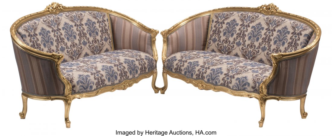 A Pair of French Louis XV-Style Carved Gilt Wood: A Pair of French Louis XV-Style Carved Gilt Wood and Upholstered Canapés 38-1/4 x 71 x 29 inches (97.2 x 180.3 x 73.7 cm) (each) HID03101062020 © 2020 Heritage Auctions | All Rights Reserv