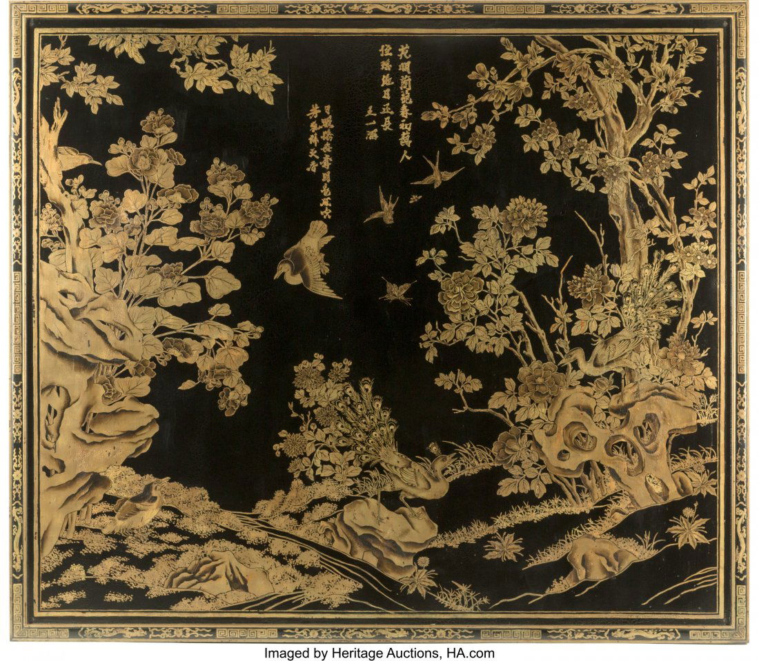 A Large Chinese Black and Gold Lacquered Wall Pa (1 of 1)
