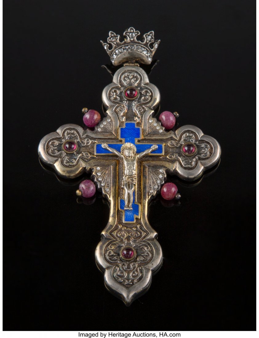 A Gilt Silver, Enamel, and Hardstone Cross Penda (1 of 2)