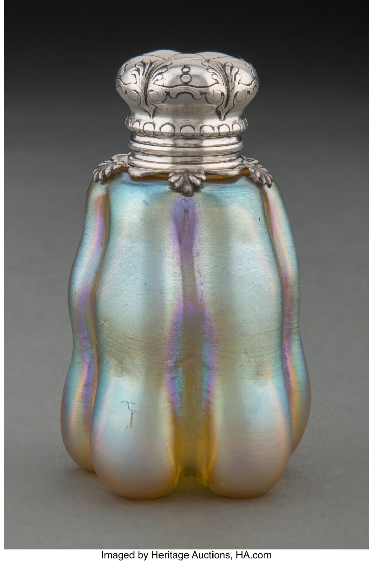 Rare Tiffany Studios Favrile Glass Perfume Bottl: Rare Tiffany Studios Favrile Glass Perfume Bottle with Tiffany & Co. Silver Mount and Cover, circa 1900 Marks to bottle: Louis C. Tiffany, o7111 Marks to cover&colo