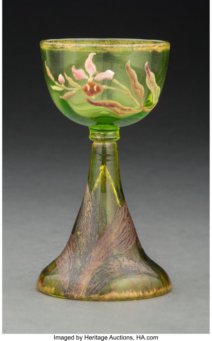 Émile Gallé Enameled and Partial Gilt Glass Or: Émile Gallé Enameled and Partial Gilt Glass Orchid Chalice, circa 1900 Marks: E. Gallé Nancy, 3 4-1/2 inches (11.4 cm) &New