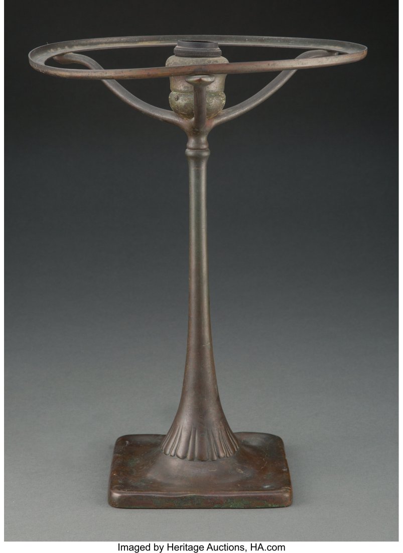 Tiffany Studios Patinated Bronze Lamp Base, circ: Tiffany Studios Patinated Bronze Lamp Base, circa 1910 Marks: TIFFANY STUDIOS, NEW YORK, 436, S 1041 13-3/8 inches (34.0 cm) LITERATURE: Alasta